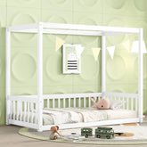 Bellemave® Canopy Frame Floor Bed with Fence, Guardrails - Bellemave